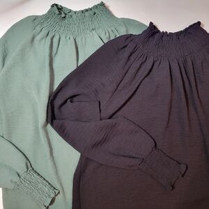 Nine West smocked neck tops size XS, 2 women's tops black and green long sleeve